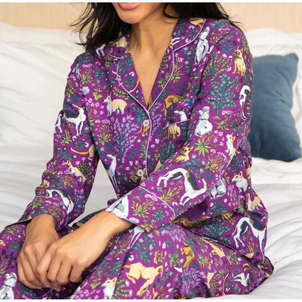 Print Fresh Must Love Dogs Pajama Set Womens XS Purple Organic Cotton Poplin